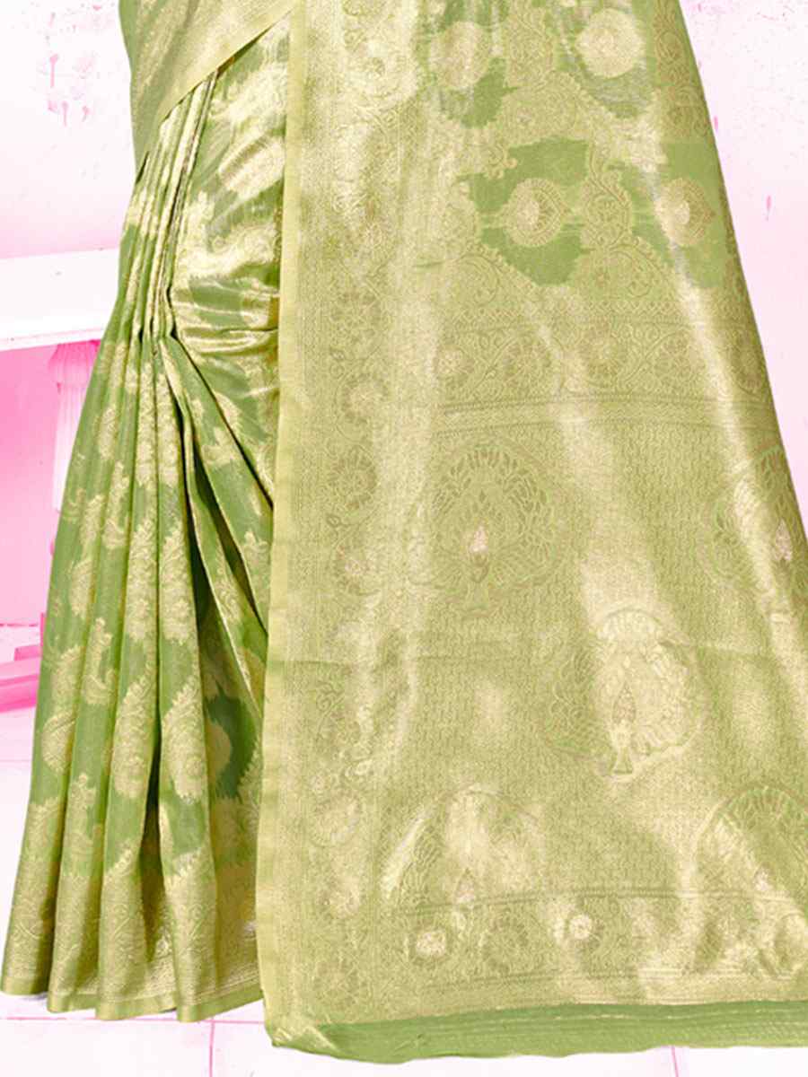 Pista Cotton Handwoven Wedding Festival Heavy Border Saree