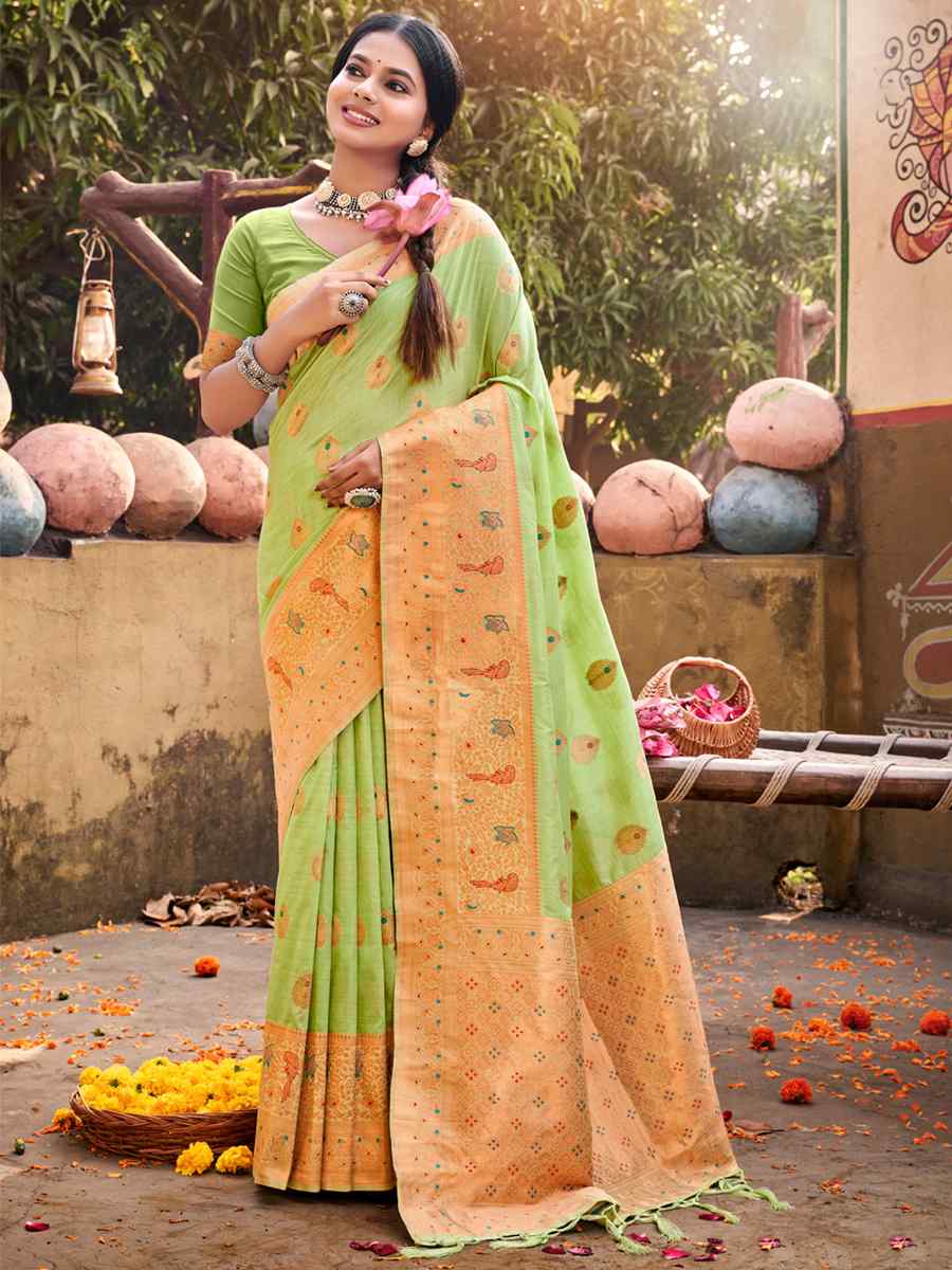 Pista Cotton Handwoven Wedding Festival Heavy Border Saree