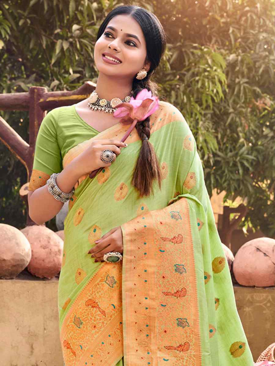 Pista Cotton Handwoven Wedding Festival Heavy Border Saree