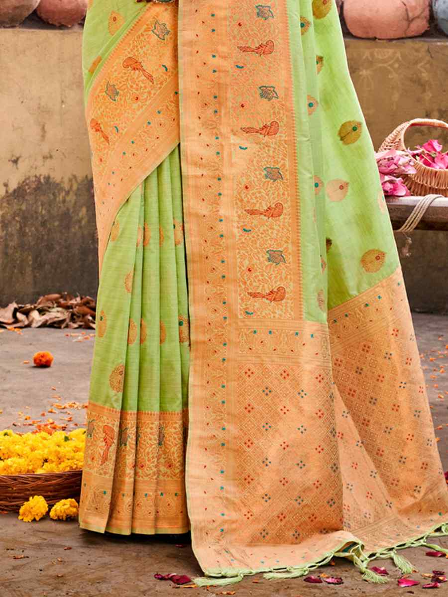 Pista Cotton Handwoven Wedding Festival Heavy Border Saree