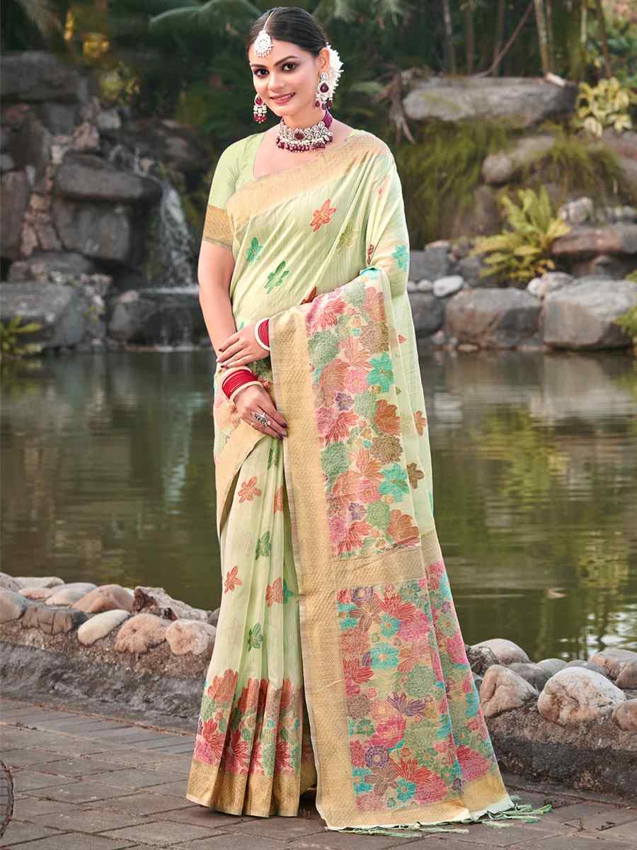 Pista Cotton Handwoven Wedding Festival Heavy Border Saree