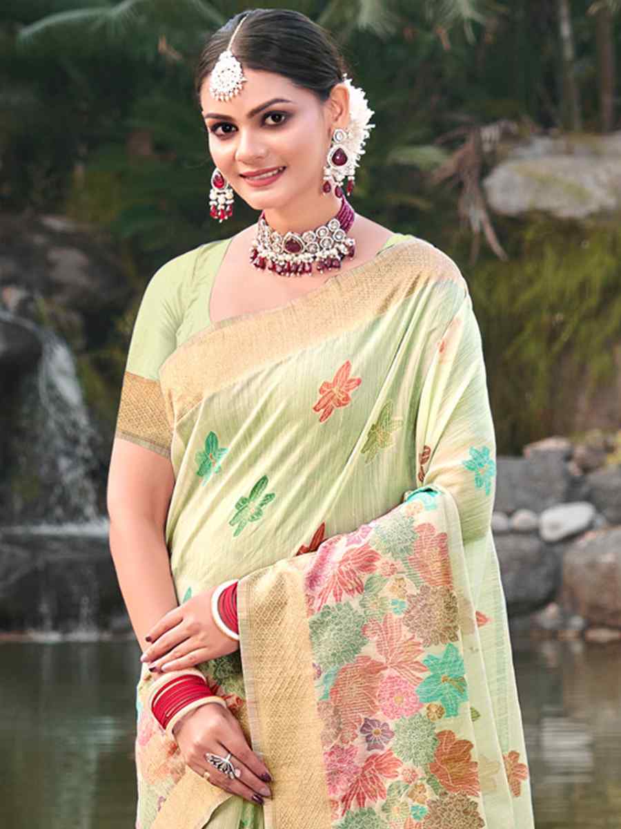 Pista Cotton Handwoven Wedding Festival Heavy Border Saree