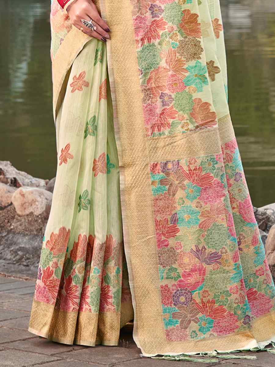 Pista Cotton Handwoven Wedding Festival Heavy Border Saree