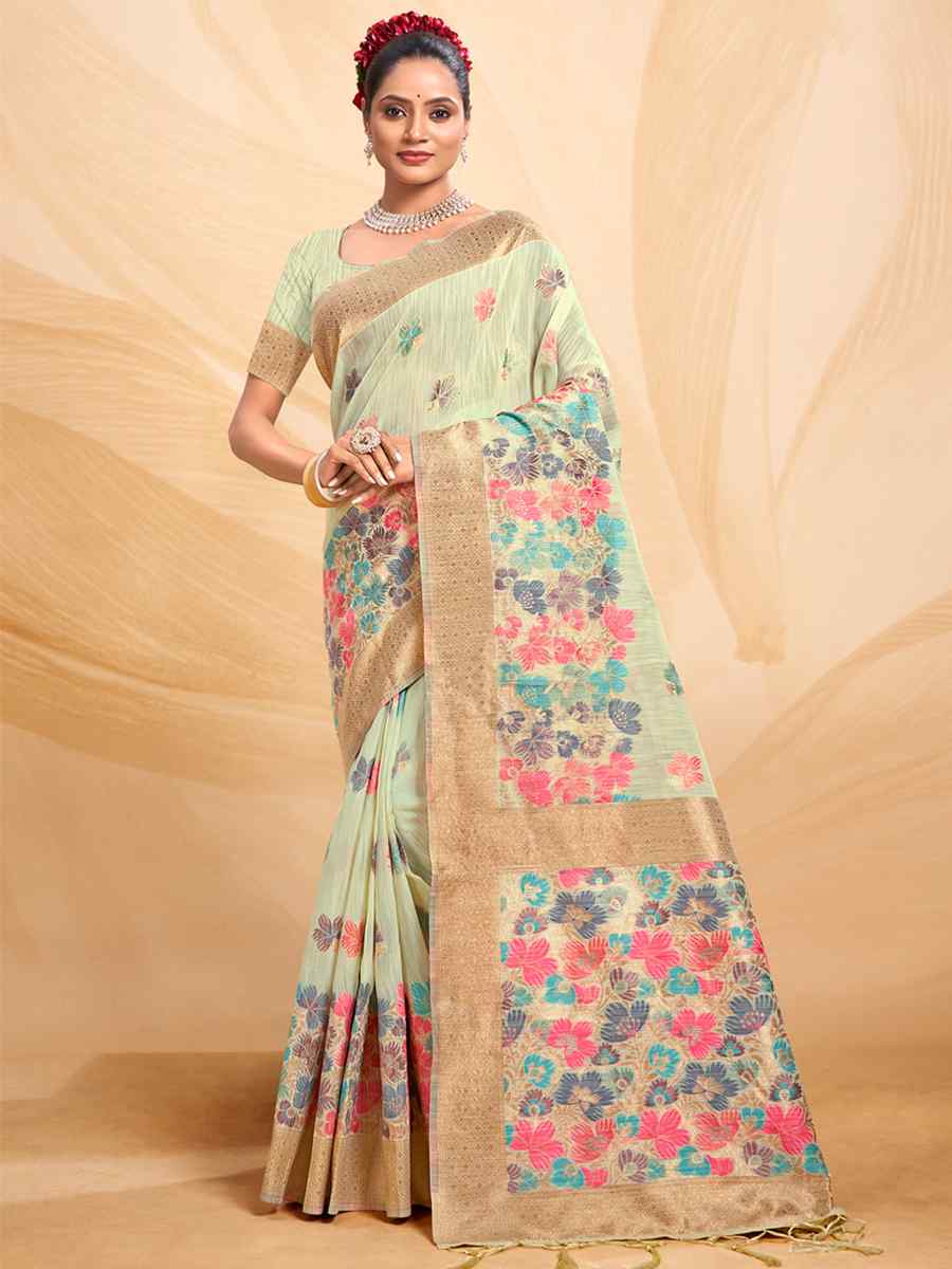 Pista Cotton Handwoven Wedding Festival Heavy Border Saree