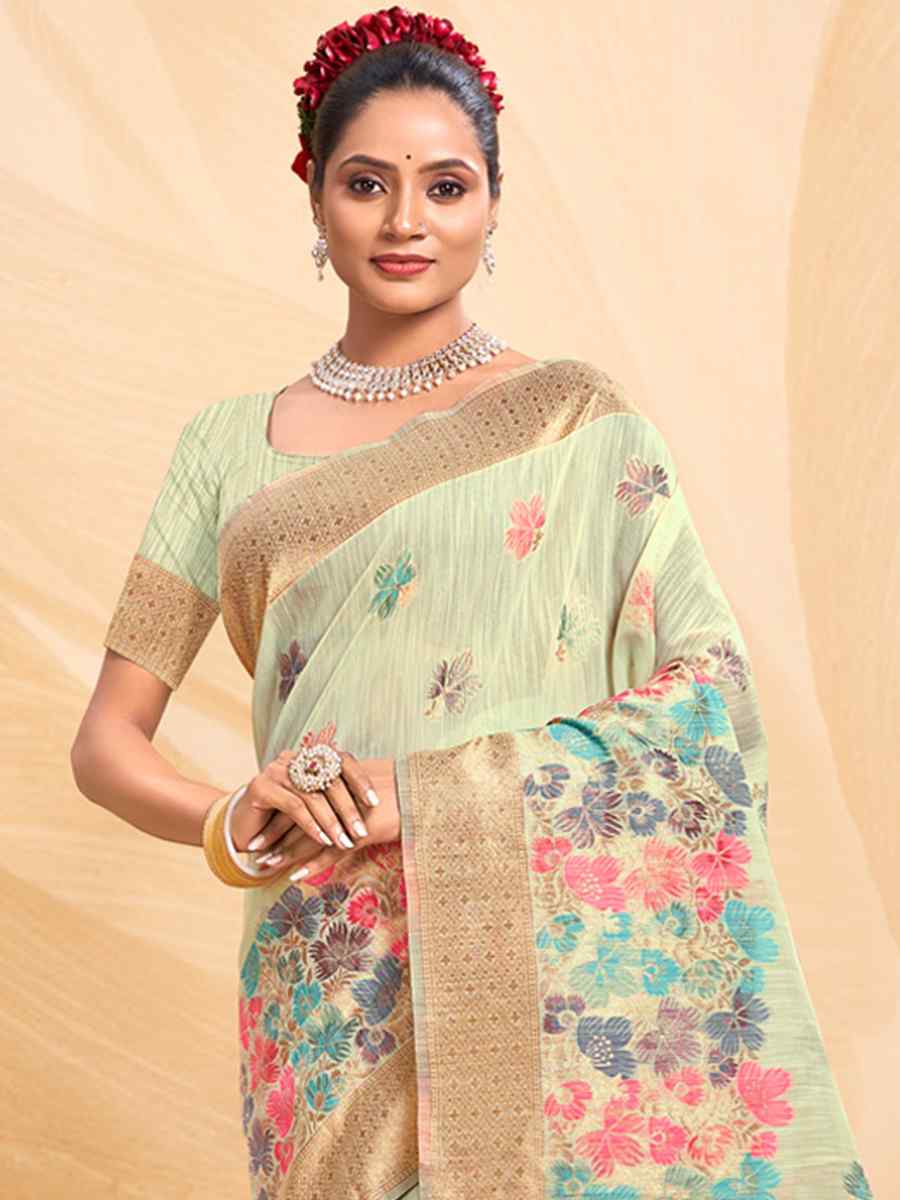 Pista Cotton Handwoven Wedding Festival Heavy Border Saree
