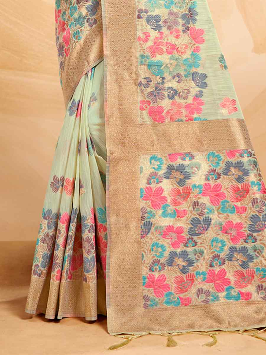 Pista Cotton Handwoven Wedding Festival Heavy Border Saree