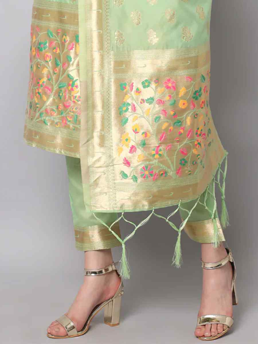 Pista Cotton Silk Jacquard Handwoven Festival Mehendi Ready Pant Salwar Kameez