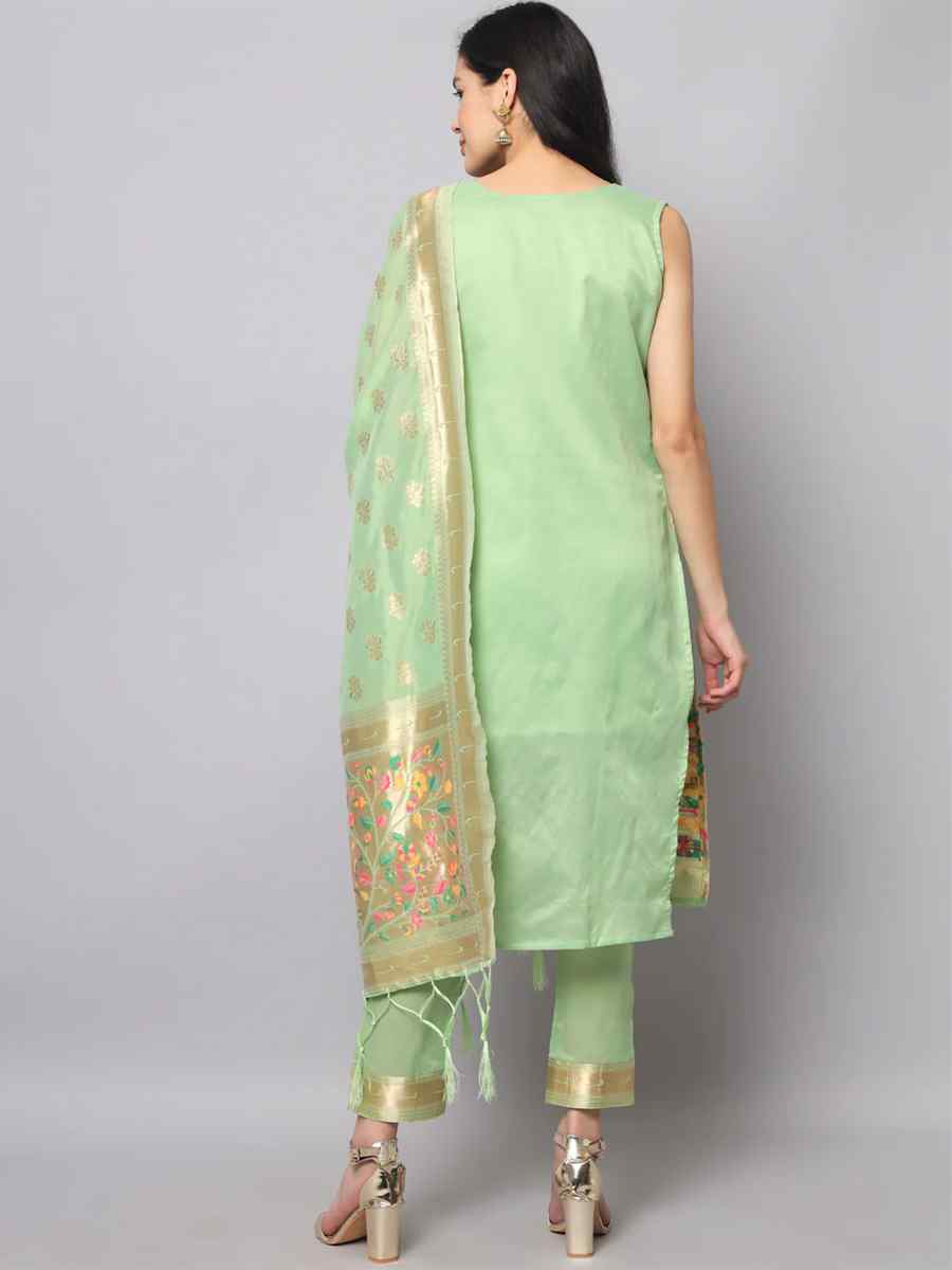 Pista Cotton Silk Jacquard Handwoven Festival Mehendi Ready Pant Salwar Kameez