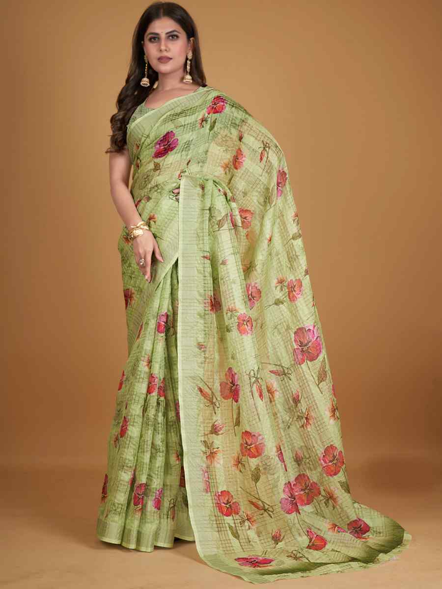 Pista Cotton Silk Printed Party Festival Classic Style Saree