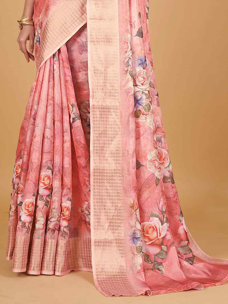 Pista Cotton Silk Printed Party Festival Heavy Border Saree