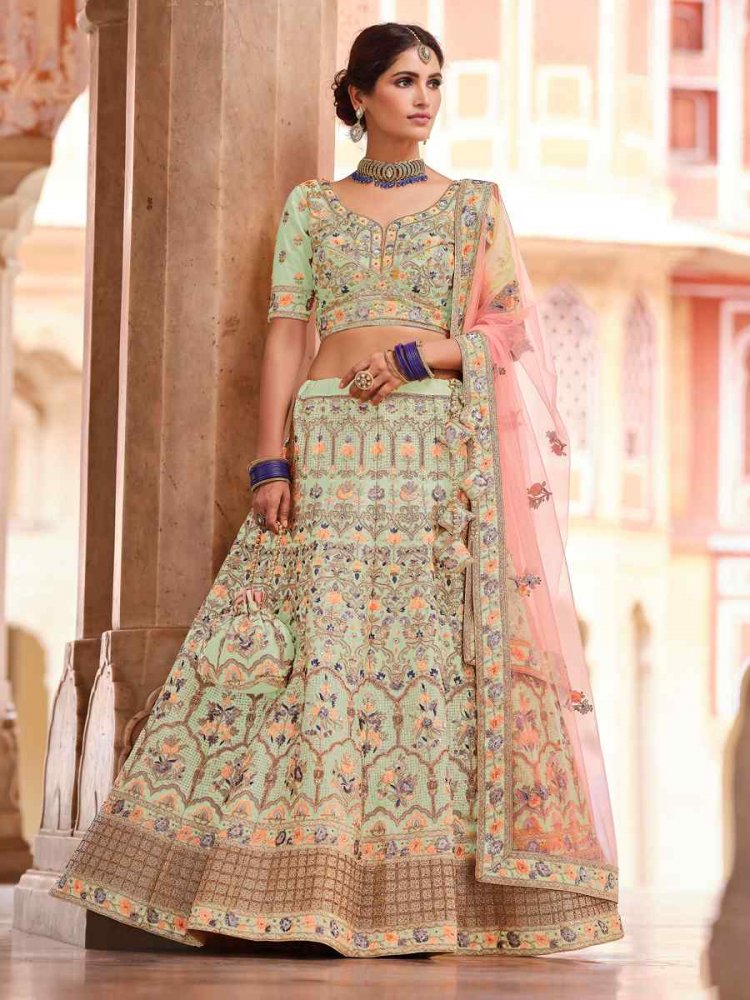 Pista Crepe Sequins Bridal Reception Heavy Border Lehenga Choli