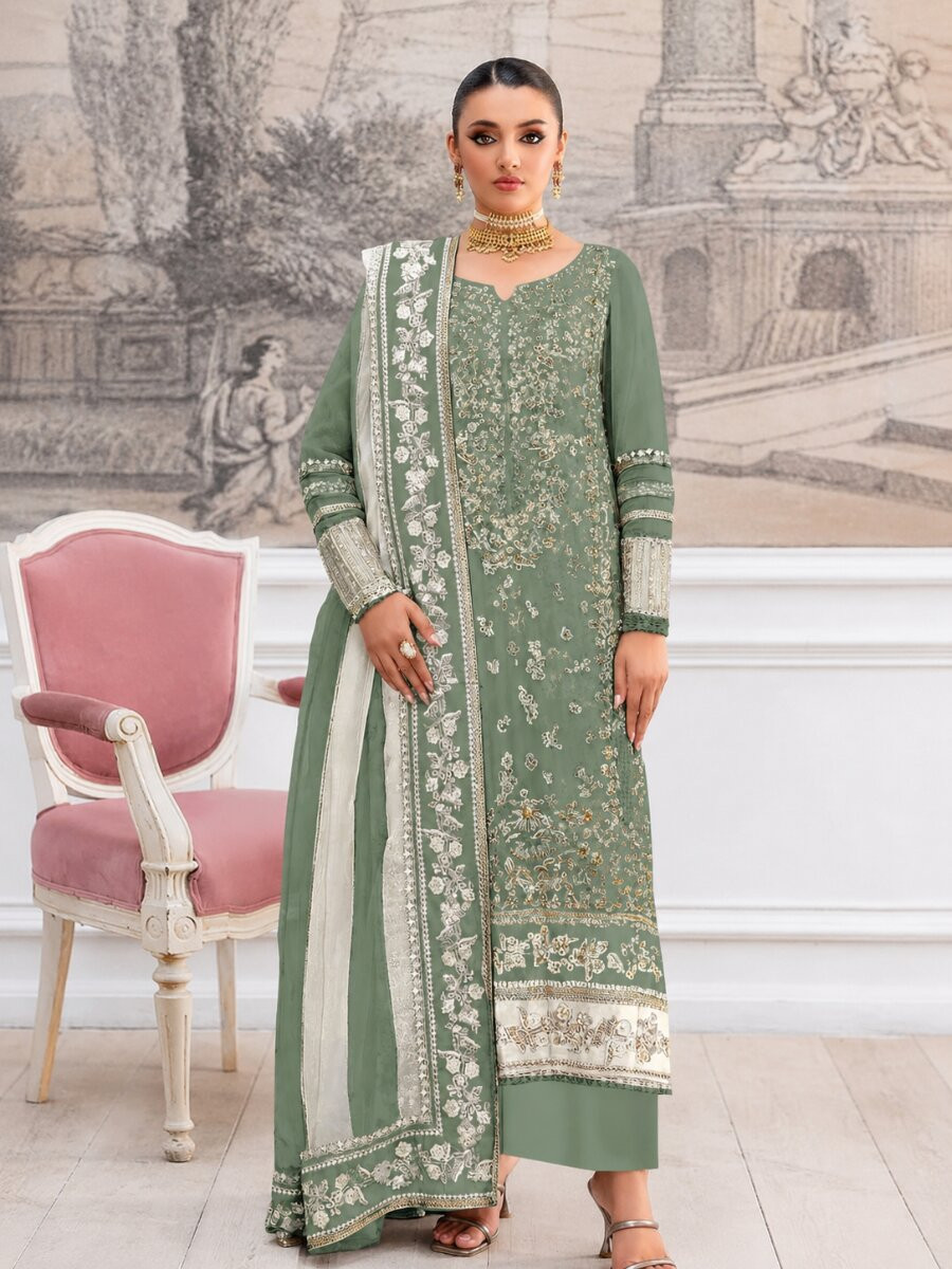 Pista Crunchy Embroidery Zari Sequins Khatli Work Wedding Party Festival Casual Palazzo Pant Salwar Kameez