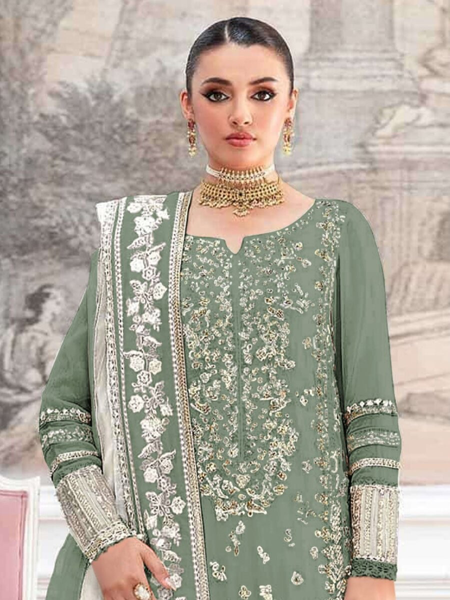 Pista Crunchy Embroidery Zari Sequins Khatli Work Wedding Party Festival Casual Palazzo Pant Salwar Kameez