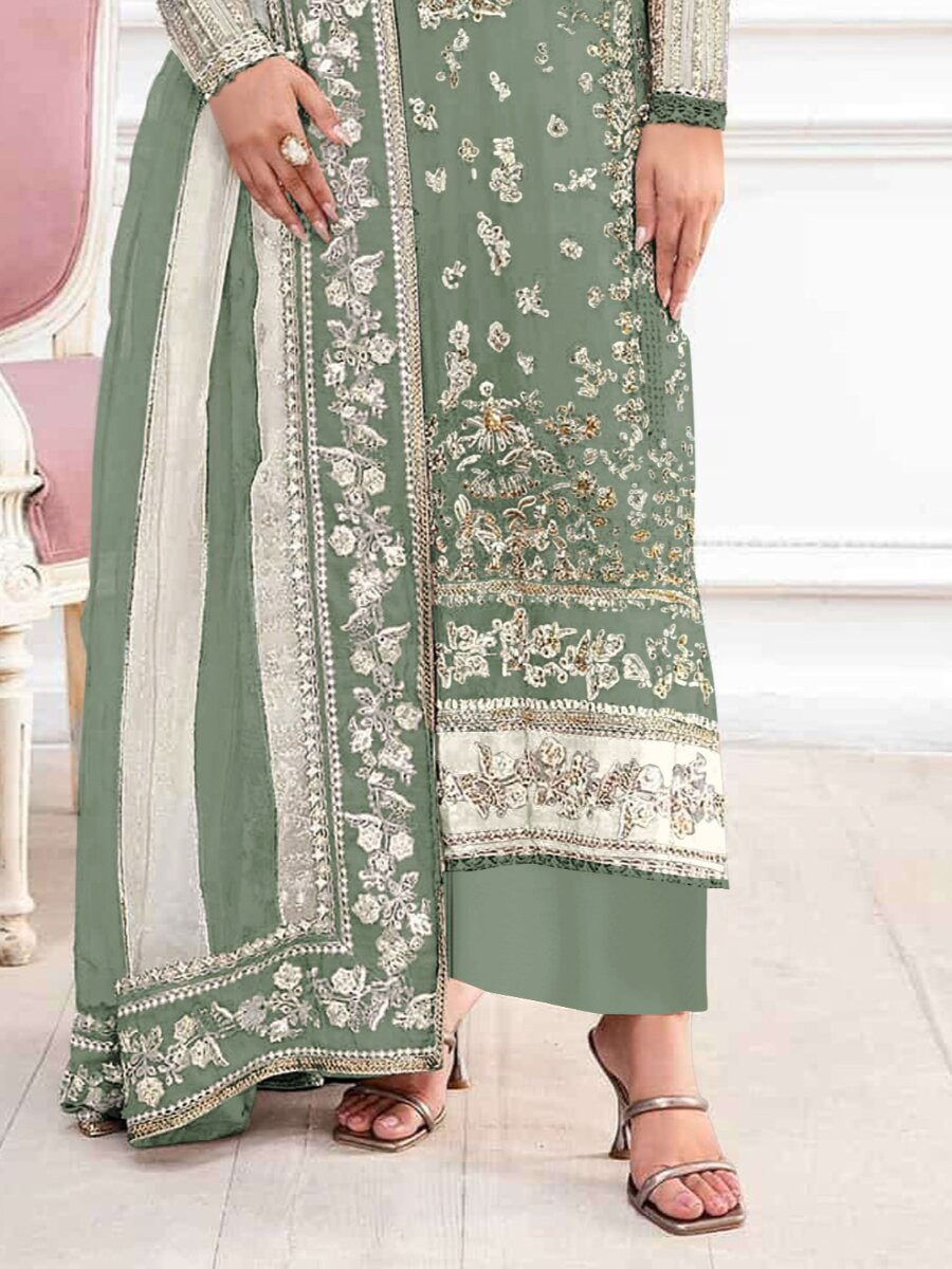Pista Crunchy Embroidery Zari Sequins Khatli Work Wedding Party Festival Casual Palazzo Pant Salwar Kameez