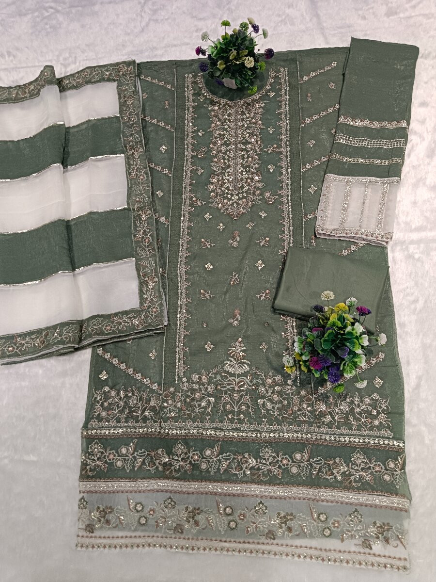 Pista Crunchy Embroidery Zari Sequins Khatli Work Wedding Party Festival Casual Palazzo Pant Salwar Kameez