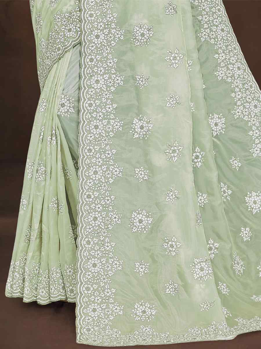 Pista Crystal Organza Embroidered Wedding Party Heavy Border Saree