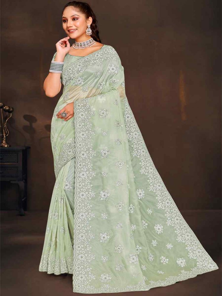 Pista Crystal Organza Embroidered Wedding Party Heavy Border Saree