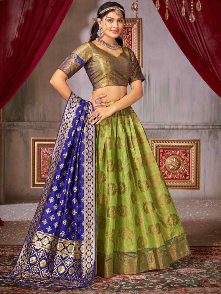 Pista Fancy Jaquard Silk Zardosi Mehendi Festival Circular Lehenga Choli