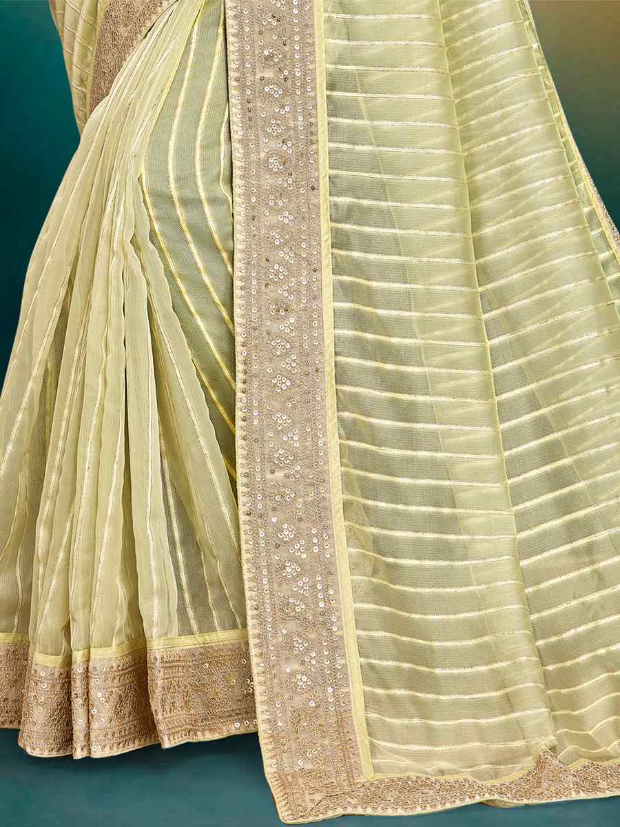 Pista Fancy Tissue Embroidered Wedding Festival Heavy Border Saree