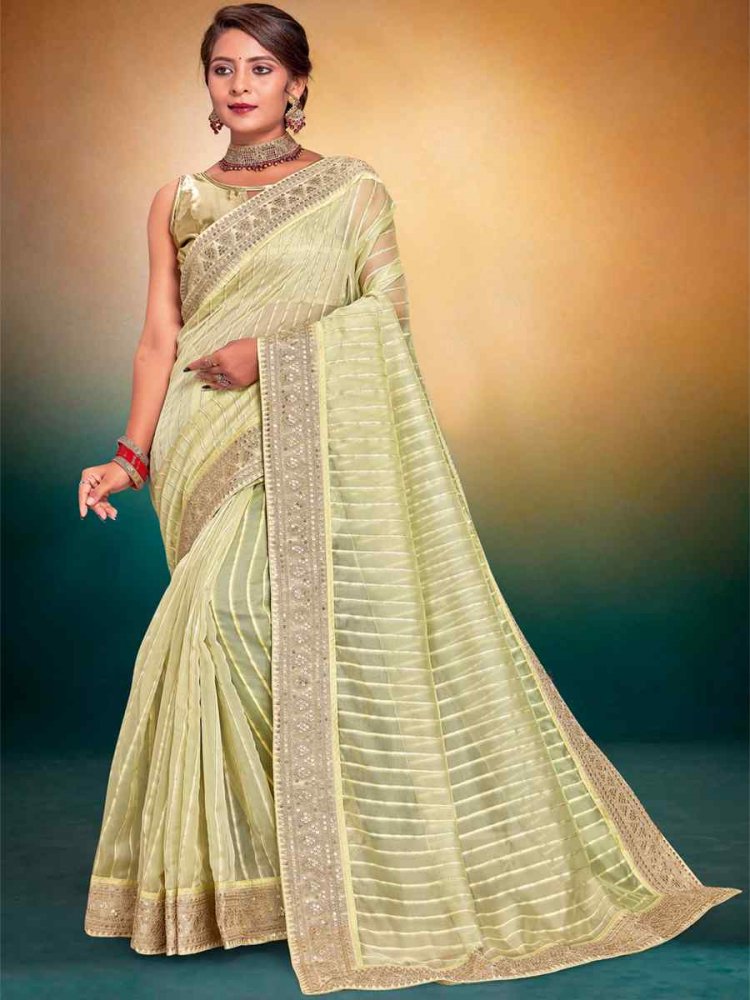 Pista Fancy Tissue Embroidered Wedding Festival Heavy Border Saree