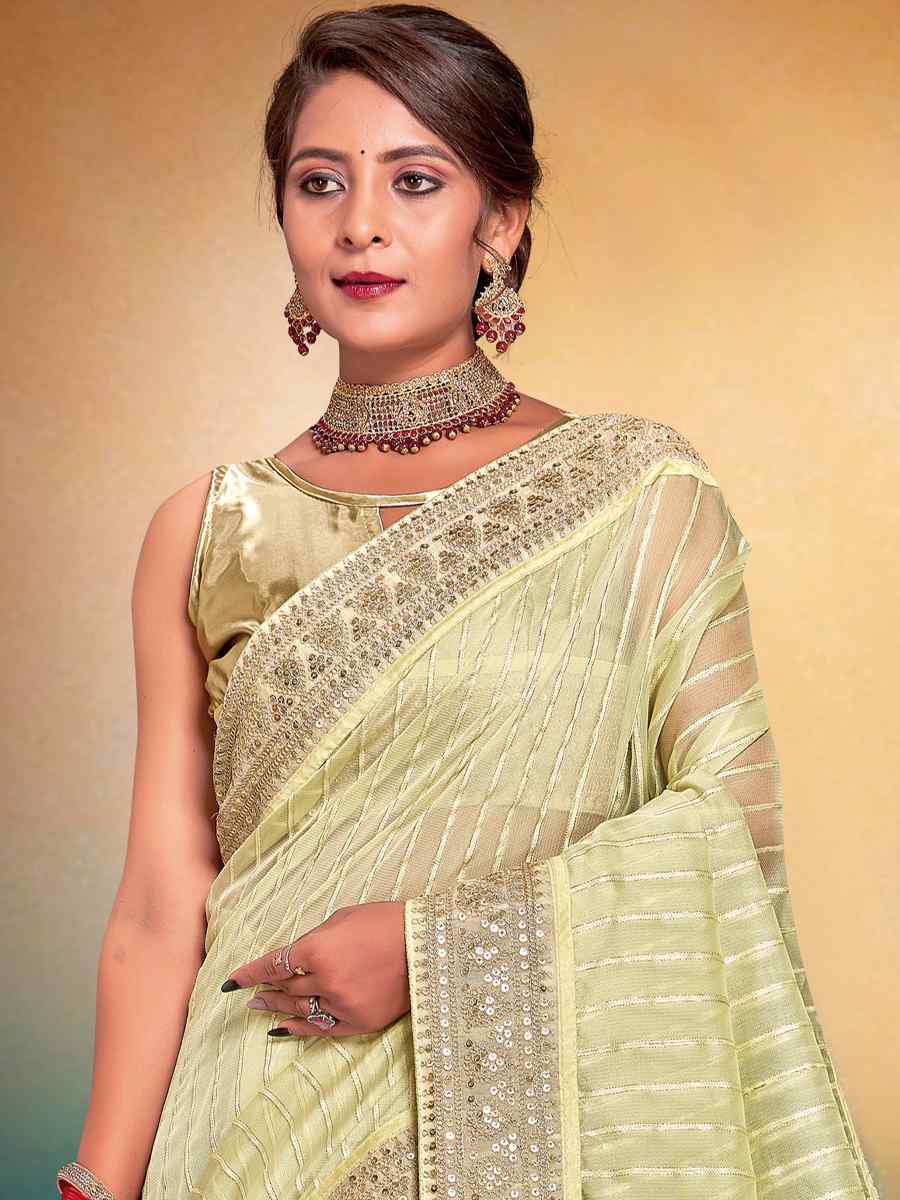 Pista Fancy Tissue Embroidered Wedding Festival Heavy Border Saree