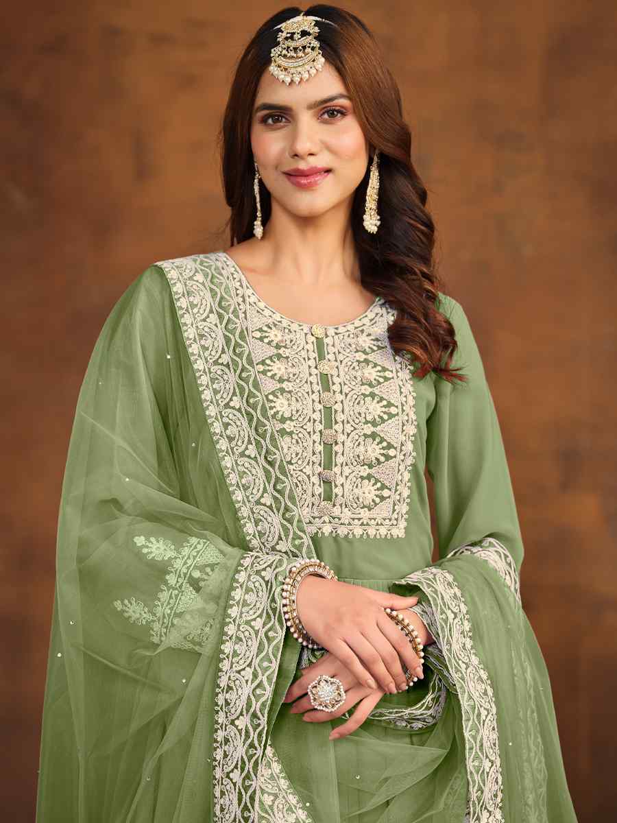Pista Faux Georgette Embroidered Festival Wedding Anarkali Salwar Kameez