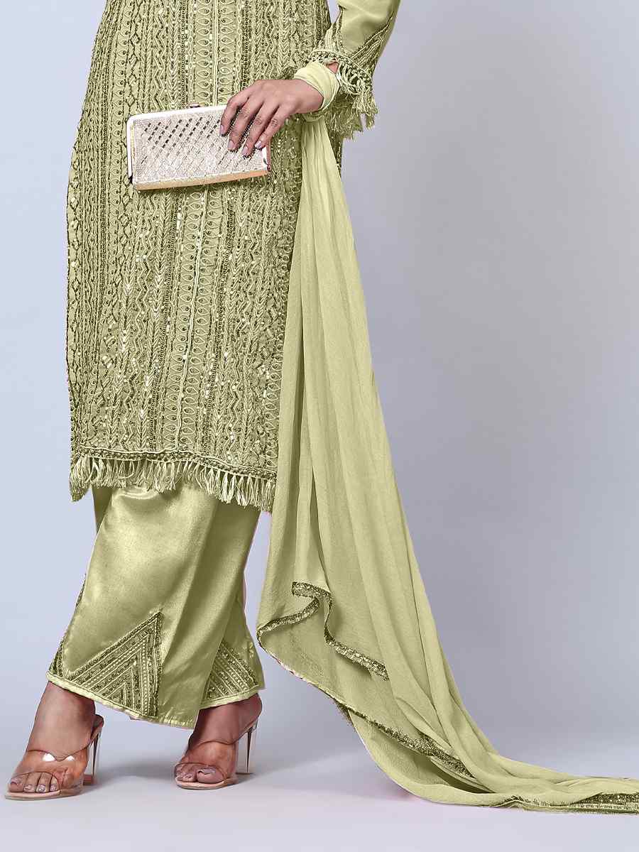 Pista Faux Georgette Embroidered Festival Wedding Pant Salwar Kameez
