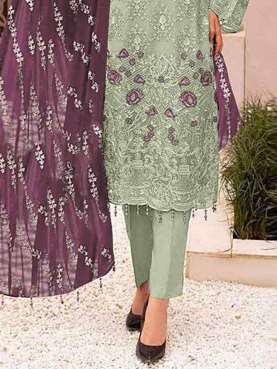 Pista Faux Georgette Embroidered Festival Wedding Pant Salwar Kameez