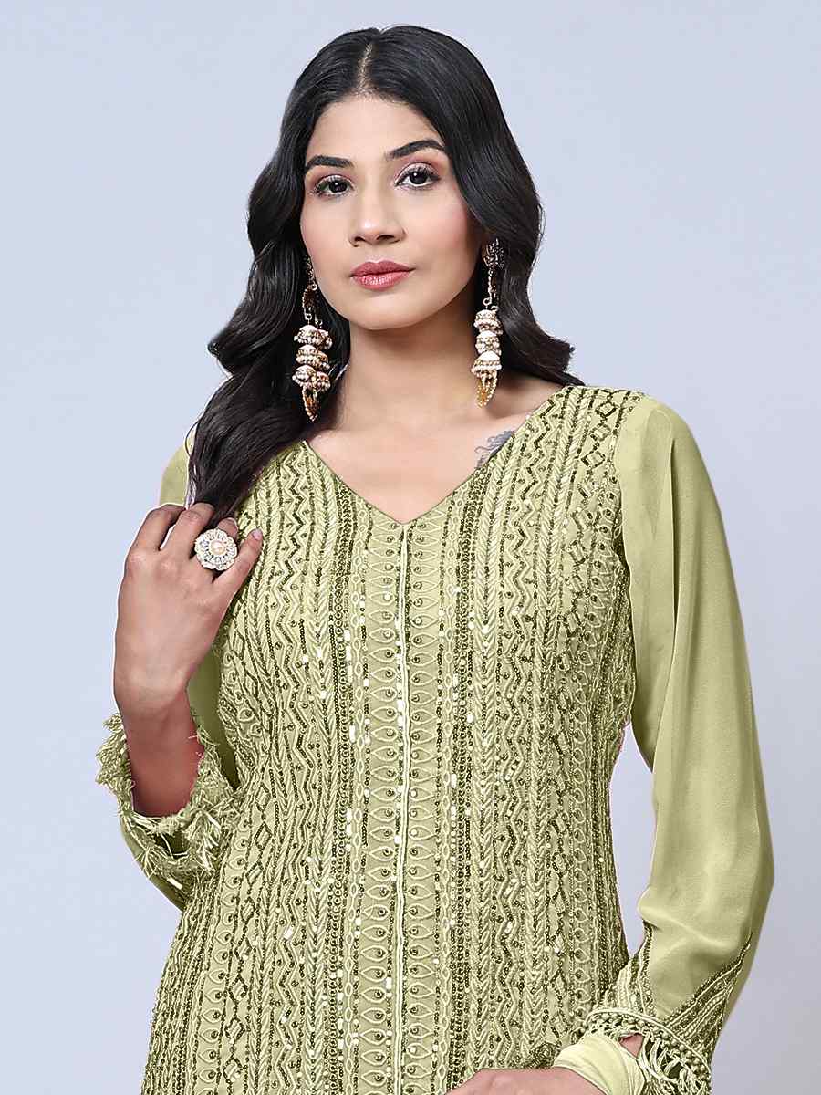 Pista Faux Georgette Embroidered Festival Wedding Pant Salwar Kameez