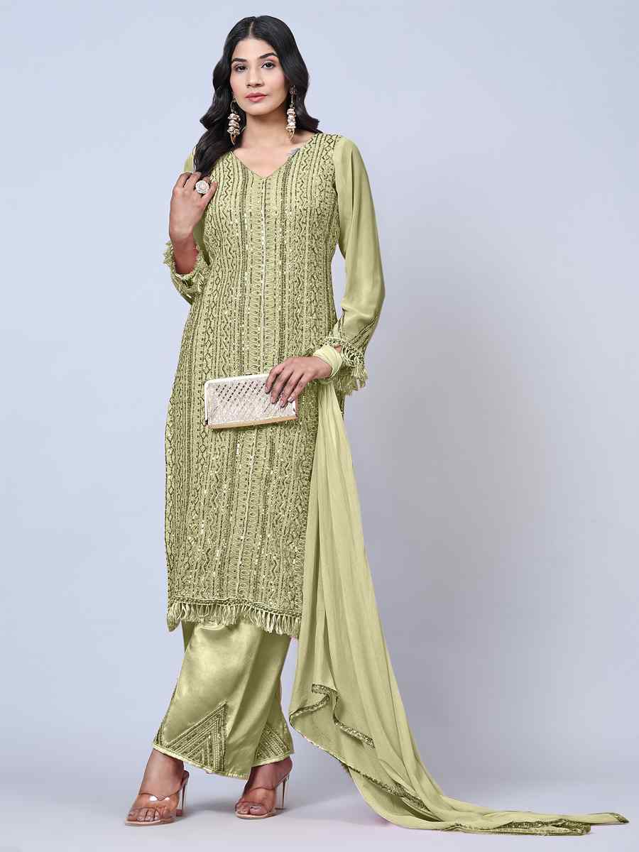 Pista Faux Georgette Embroidered Festival Wedding Pant Salwar Kameez
