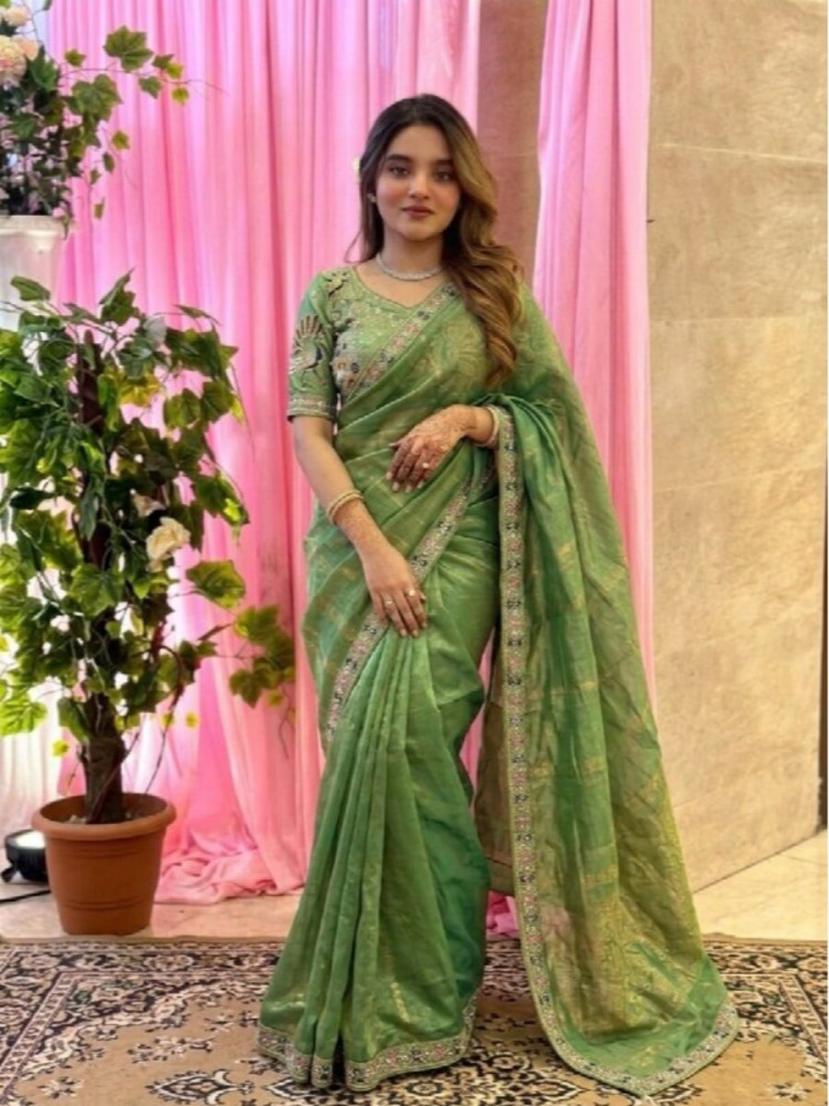 Image of Pista Fendy Satin Silk Embroidery Sequins Beads Wedding Reception Party Festival Heavy Border Sarees