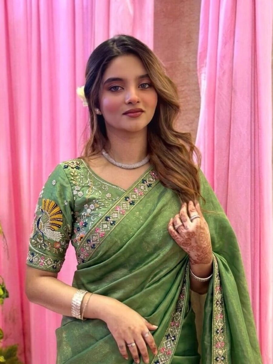 Pista Fendy Satin Silk Embroidery Sequins Beads Wedding Reception Party Festival Heavy Border Sarees