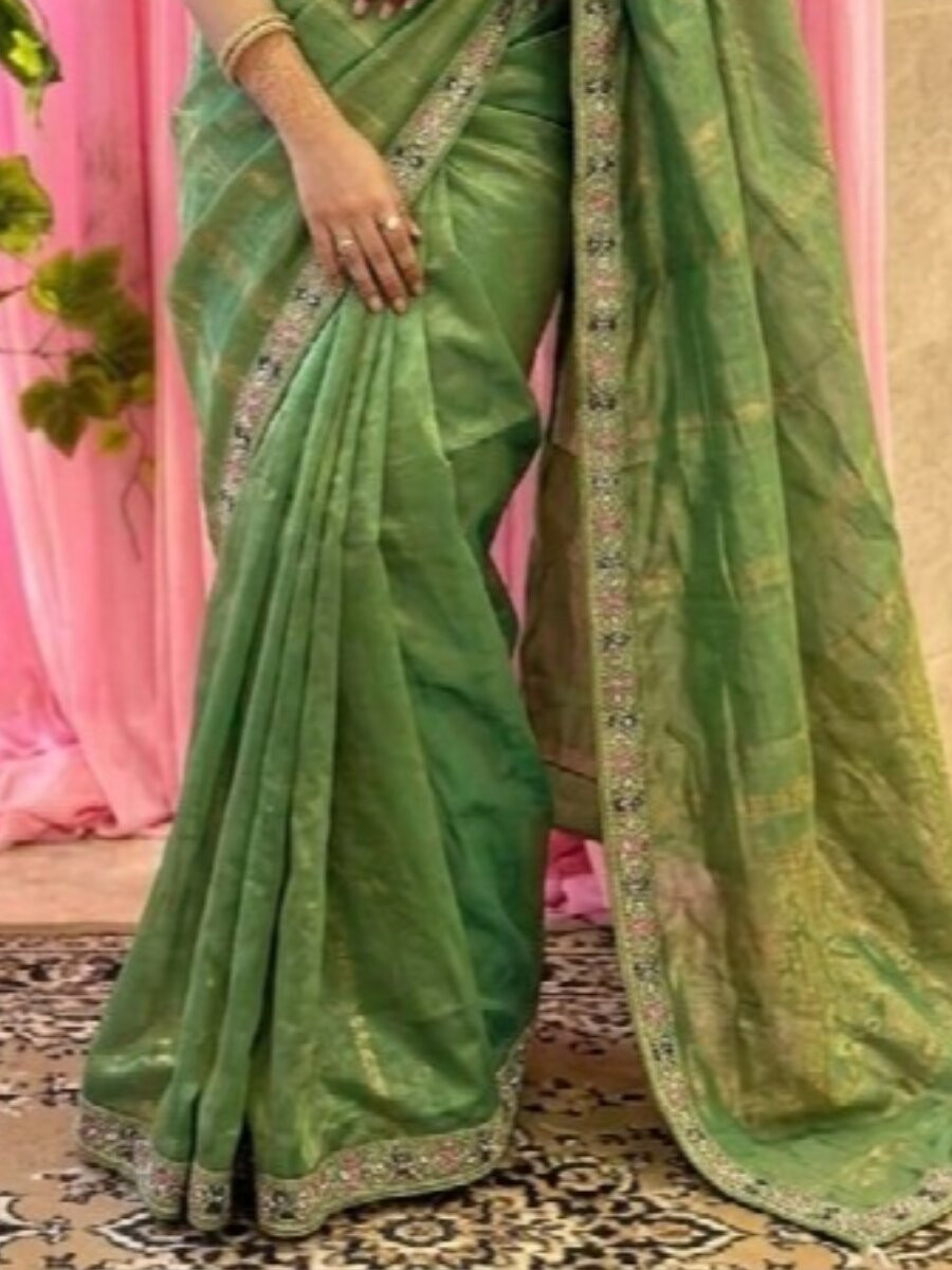 Pista Fendy Satin Silk Embroidery Sequins Beads Wedding Reception Party Festival Heavy Border Sarees