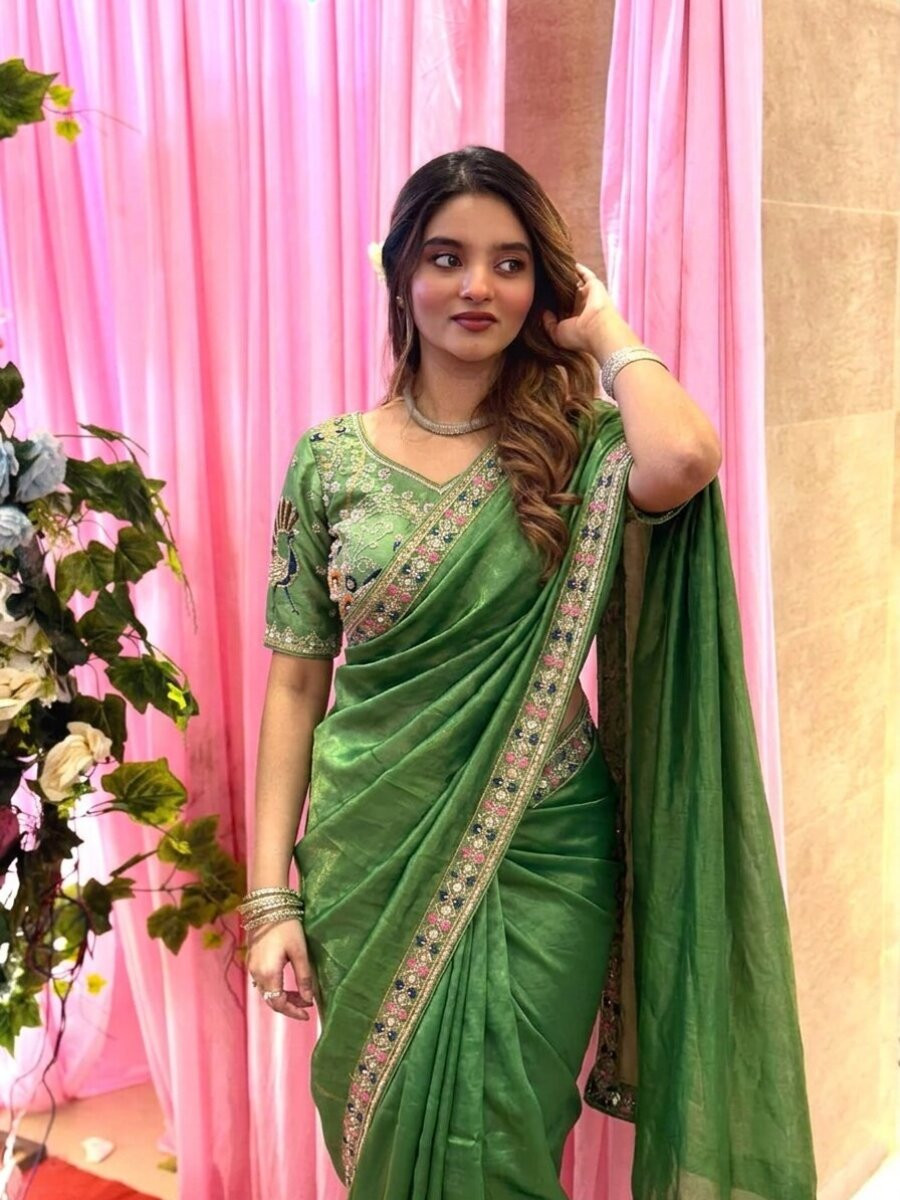 Pista Fendy Satin Silk Embroidery Sequins Beads Wedding Reception Party Festival Heavy Border Sarees