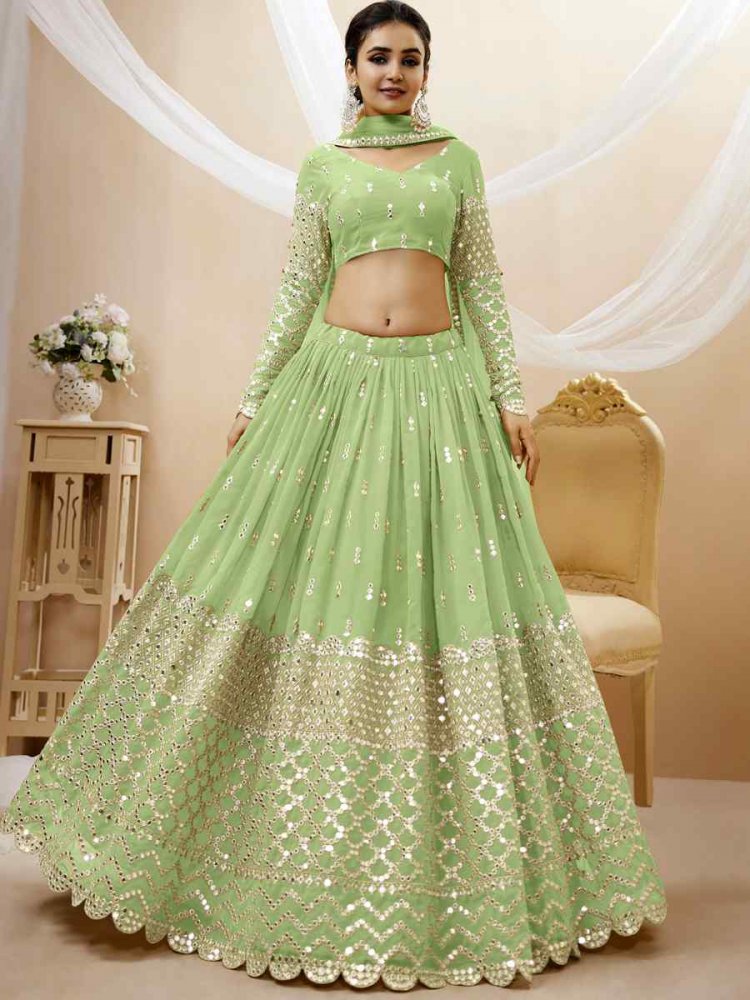 Pista Georgette Embroidered Bridesmaid Wedding Heavy Border Lehenga Choli