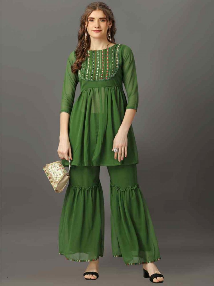Pista Georgette Embroidered Festival Casual Kurti with Bottom