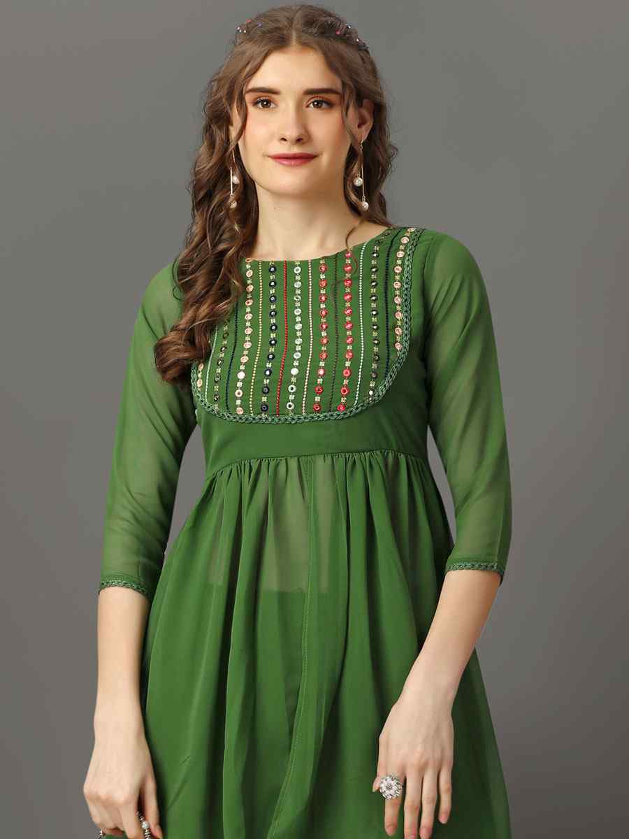 Pista Georgette Embroidered Festival Casual Kurti with Bottom