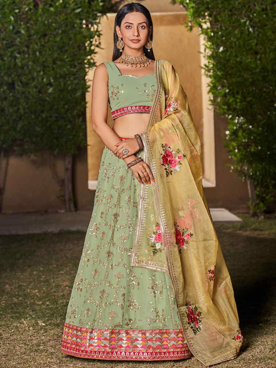 Pista Georgette Embroidered Festival Wedding Circular Lehenga Choli