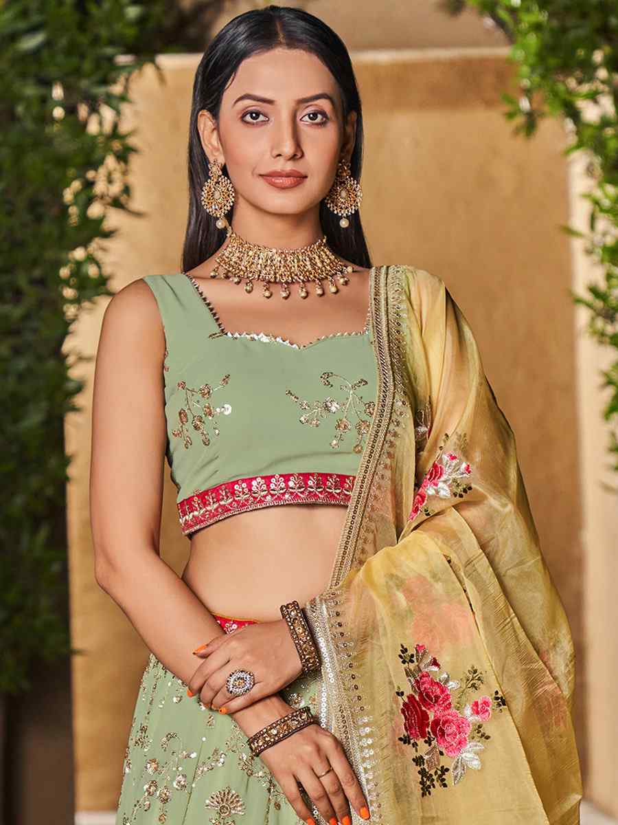 Pista Georgette Embroidered Festival Wedding Circular Lehenga Choli
