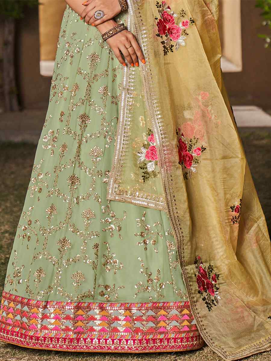 Pista Georgette Embroidered Festival Wedding Circular Lehenga Choli