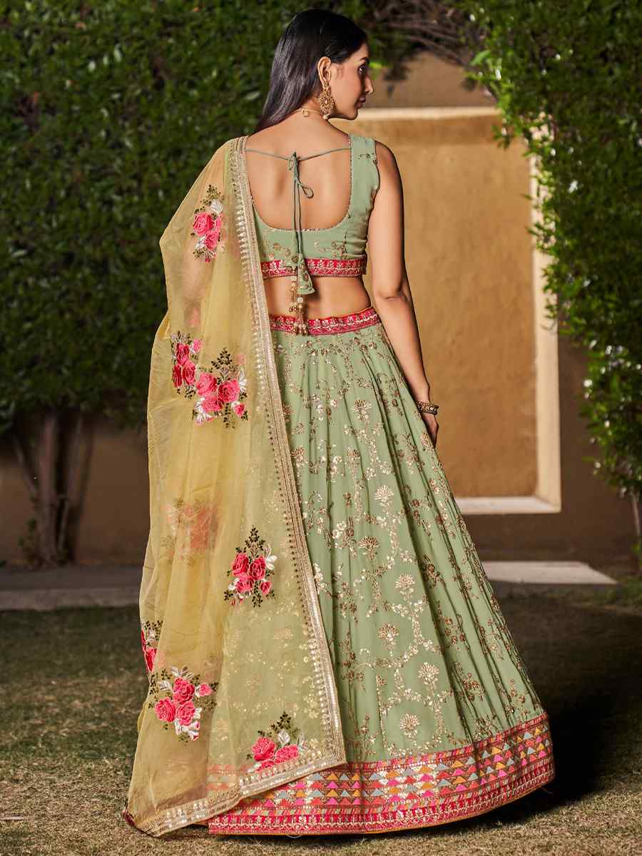 Pista Georgette Embroidered Festival Wedding Circular Lehenga Choli