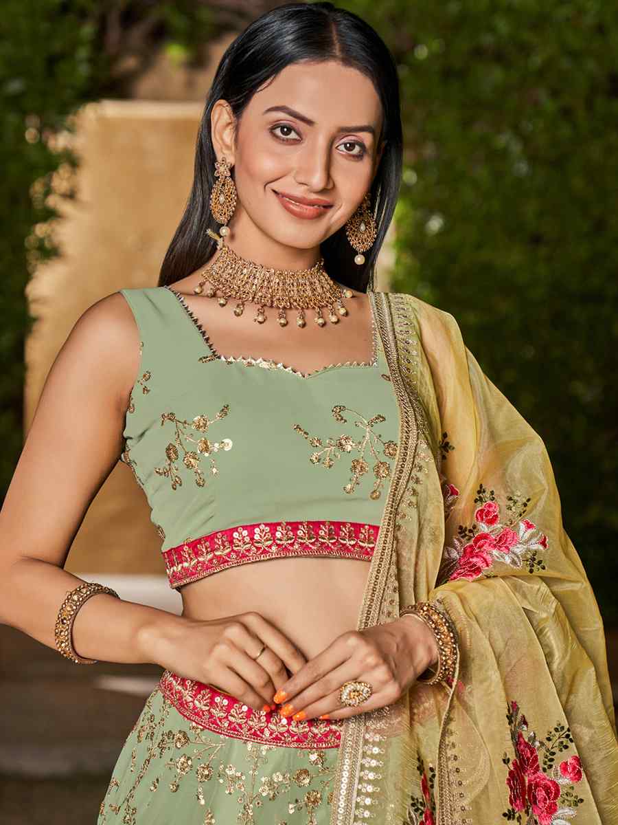 Pista Georgette Embroidered Festival Wedding Circular Lehenga Choli