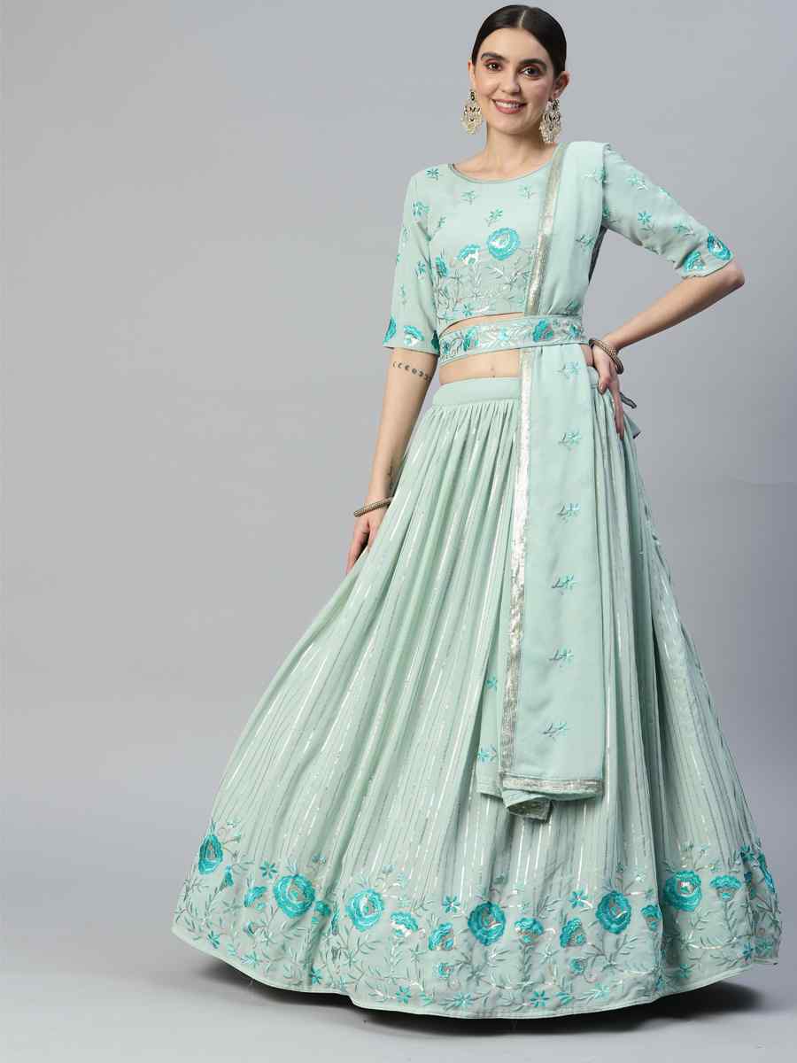 Pista Georgette Embroidered Festival Wedding Heavy Border Lehenga Choli