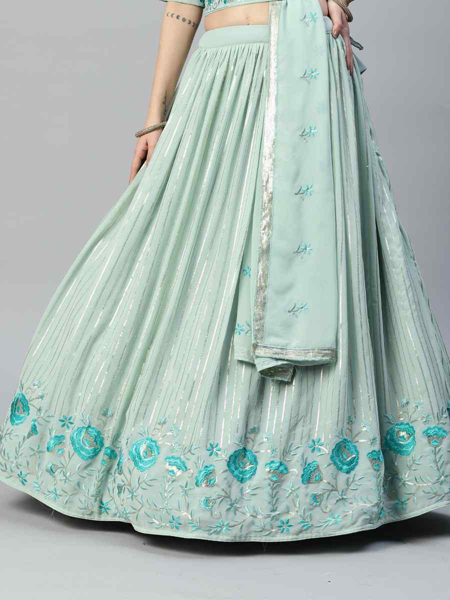 Pista Georgette Embroidered Festival Wedding Heavy Border Lehenga Choli