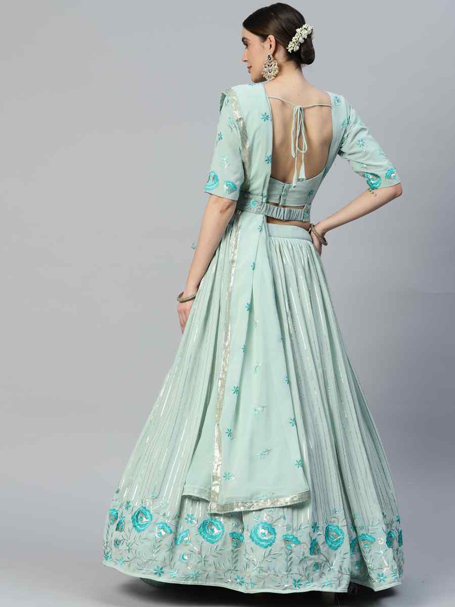 Pista Georgette Embroidered Festival Wedding Heavy Border Lehenga Choli