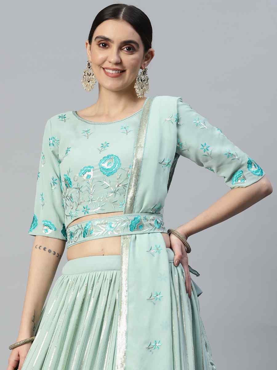 Pista Georgette Embroidered Festival Wedding Heavy Border Lehenga Choli