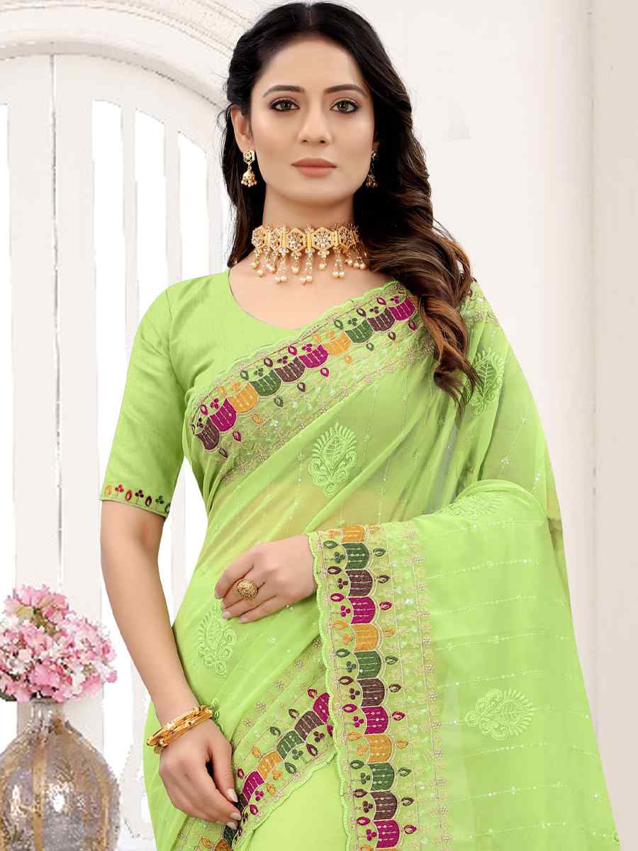 Pista Georgette Embroidered Party Festival Heavy Border Saree