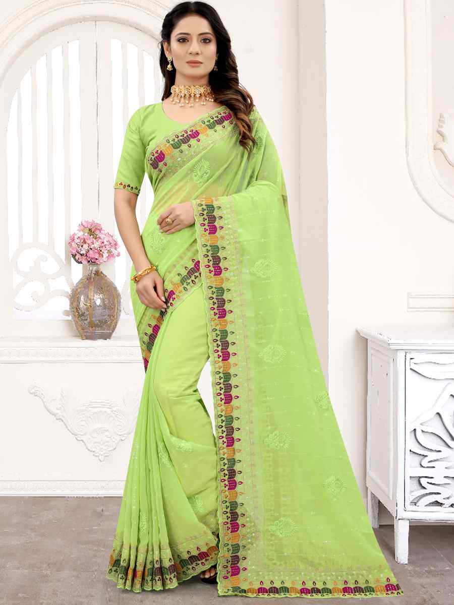 Pista Georgette Embroidered Party Festival Heavy Border Saree