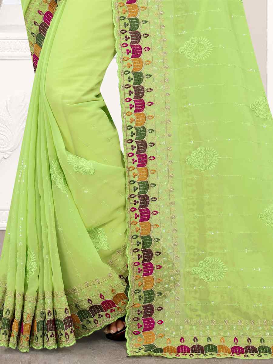 Pista Georgette Embroidered Party Festival Heavy Border Saree