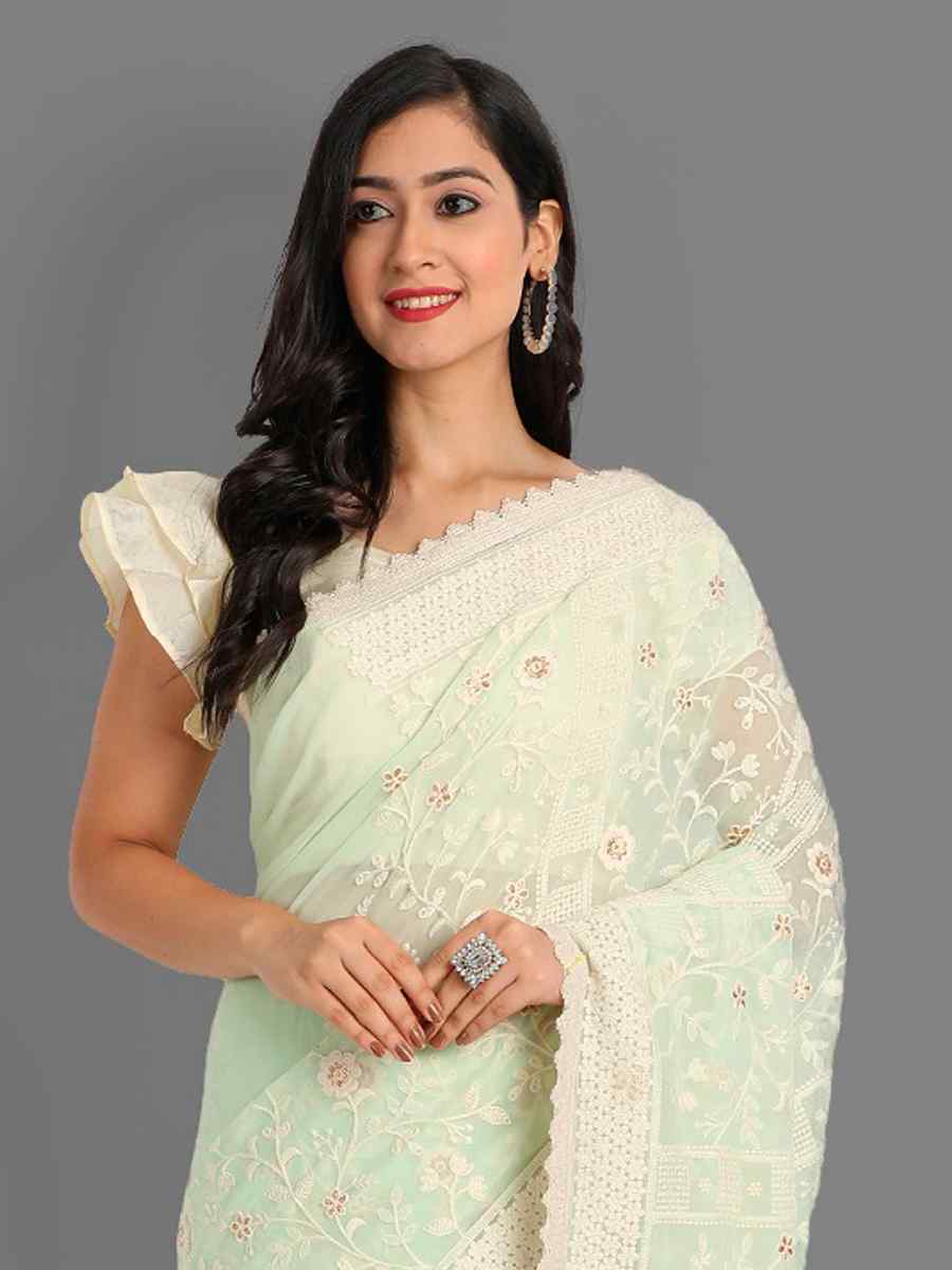 Pista Georgette Embroidered Wedding Festival Classic Style Saree